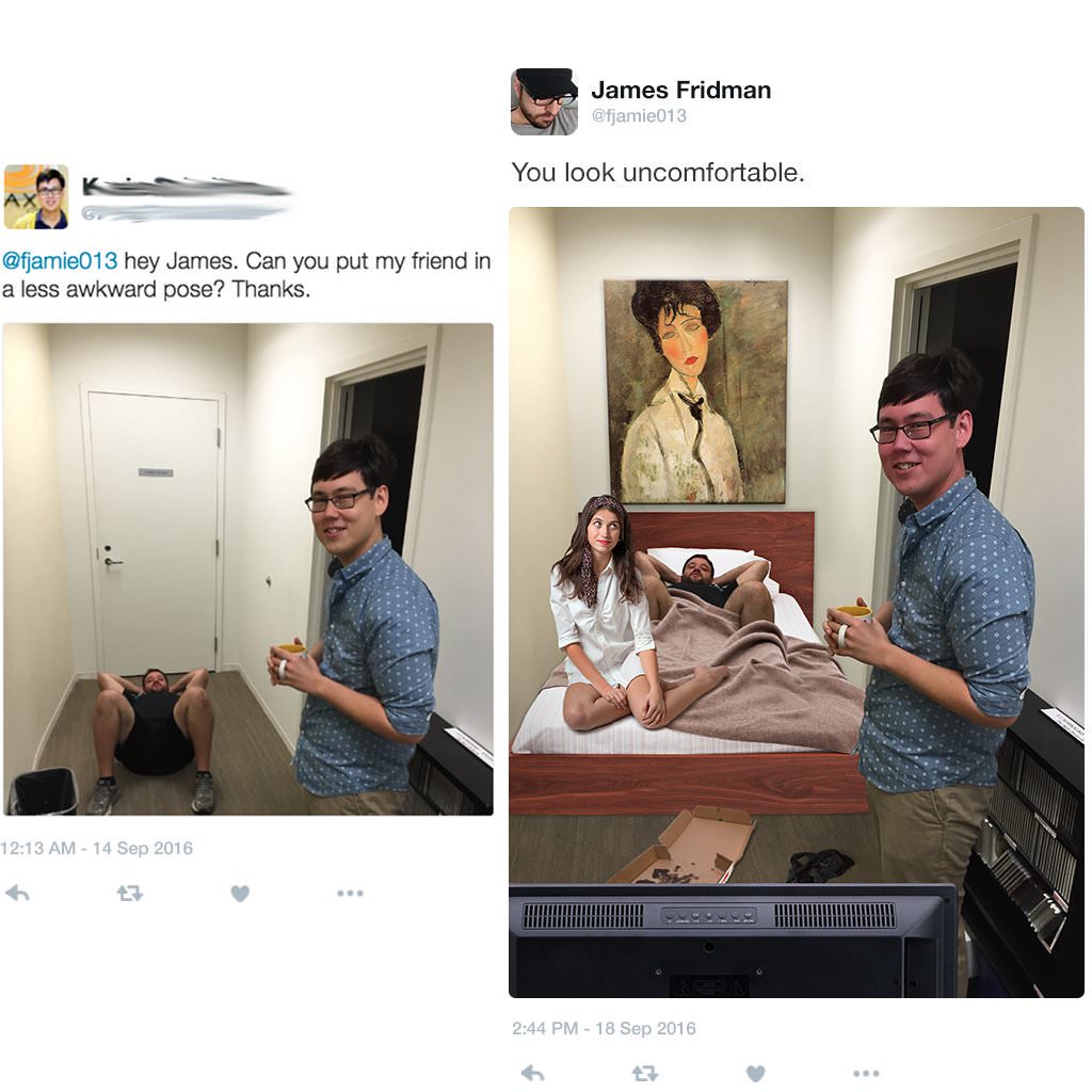 james fridman photoshop meme - James Fridman You look uncomfortable. hey James. Can you put my friend in a less awkward pose? Thanks.