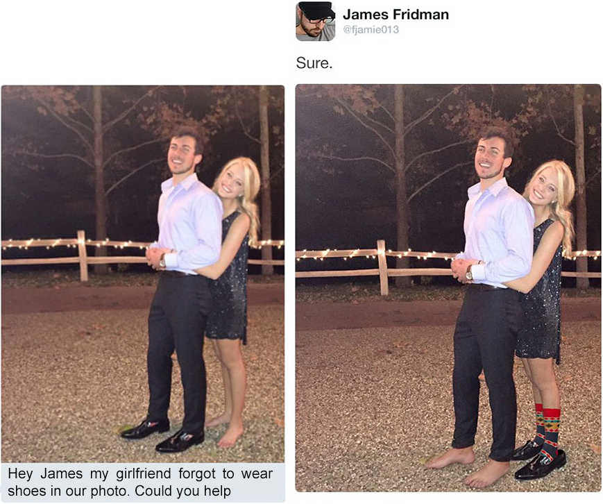 james fridman photoshop troll - James Fridman Sure. Hey James my girlfriend forgot to wear shoes in our photo. Could you help