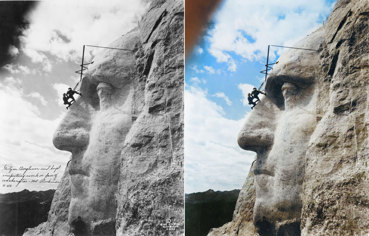 Working on Mount Rushmore, US in 1932.