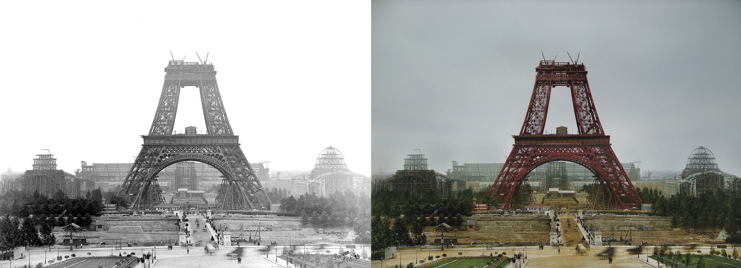 Building the Eiffel Tower in Paris, France in 1888.