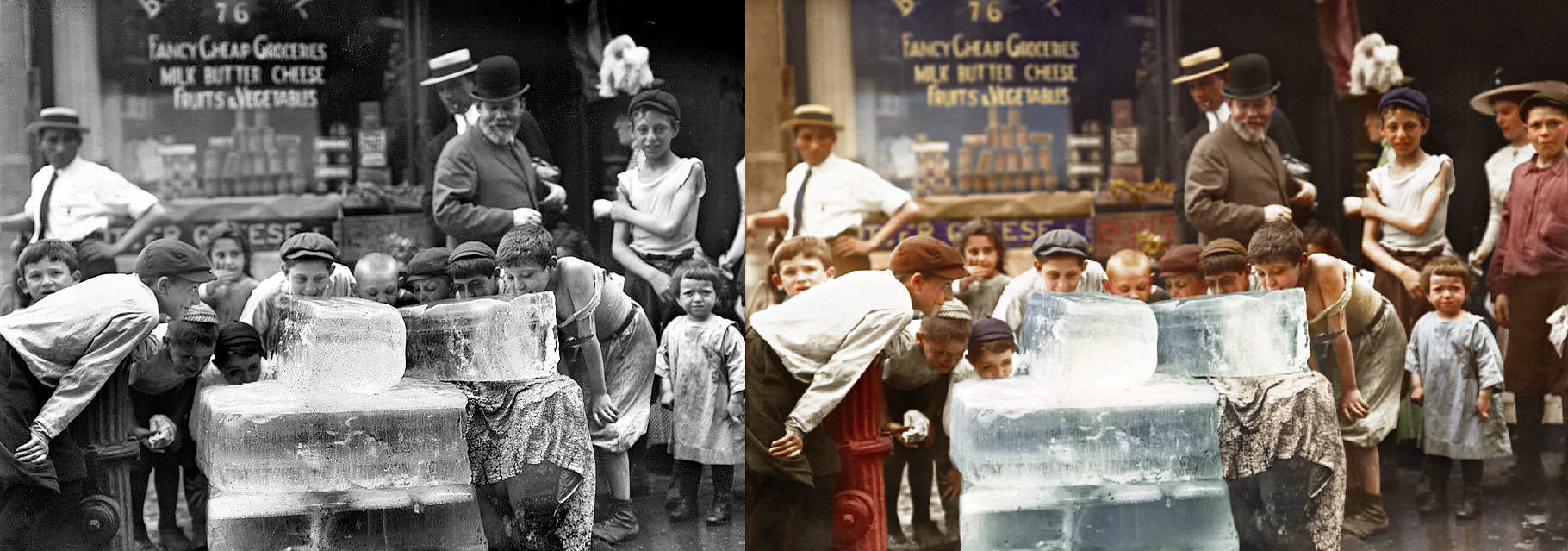 Licking ice on a hot day in NYC, US, in 1912.