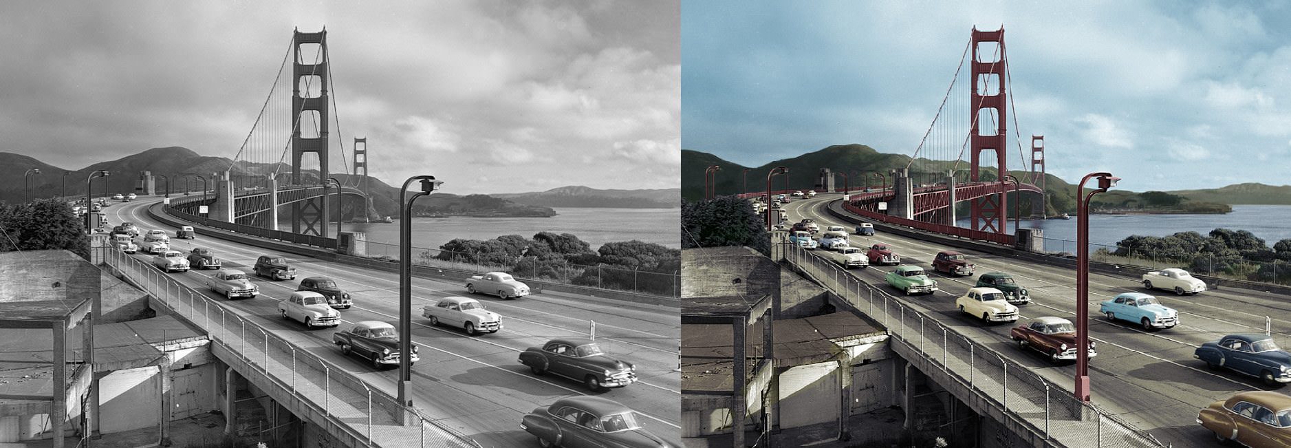Crossing the Golden Gate Bridge in San Fransisco, US in 1940.