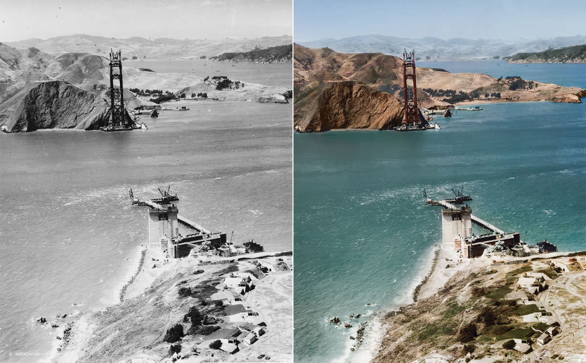 Building the Golden Gate Bridge in San Fransisco, US in 1934.