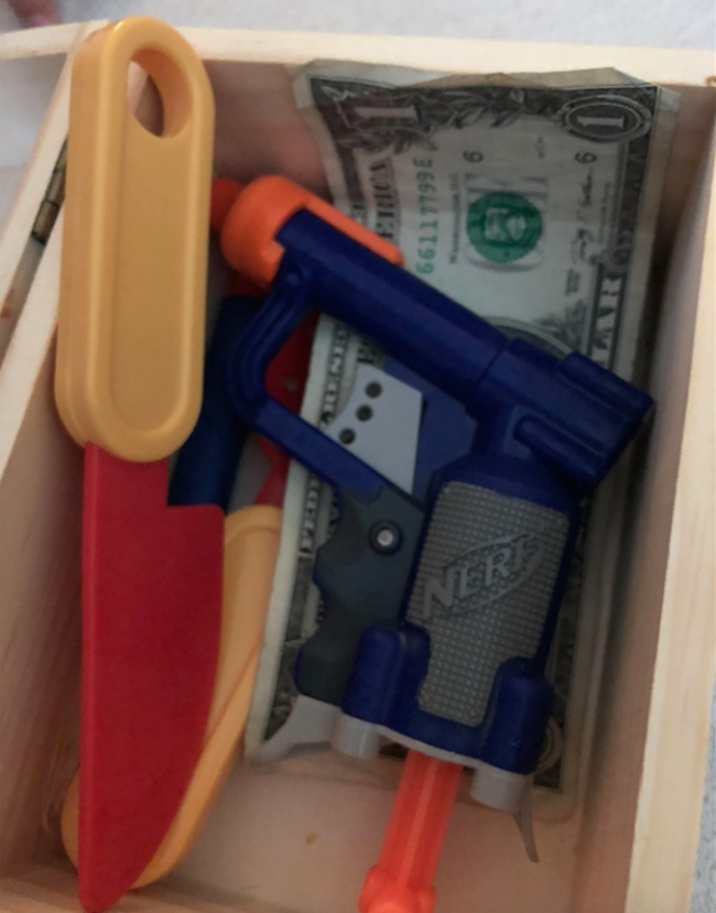 “Found out my 3-year-old daughter keeps a box with a knife, a gun, and some cash. Should I be worried?”
