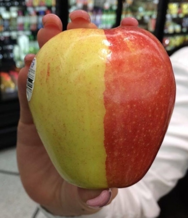 “I found a half-red and half-yellow apple at the store.”