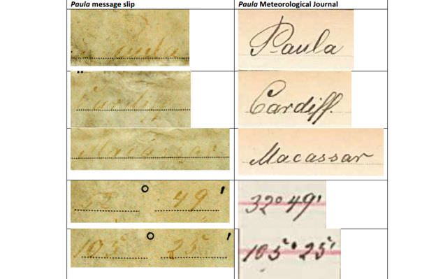 "Then we unrolled it and saw printed writing. We could see the hand written ink at that point, but saw a printed message that asked the reader to contact the German consulate when they found the note."

Later, they also noticed faint handwriting on the note, with a date of 12 June 1886 and the name of the ship, Paula.

When they saw the date they thought it was "too far-fetched" to be real, Mr Illman said - but they researched the bottle online and took it to experts at the Western Australian Museum.
Rough translation:
"This bottle was thrown into the ocean on the 12th of June 1886. In 32° 49' latitude South and 105° 25' length South Greenwich East.
By: Bark, ship: Paula, home: Elsfleth.
We kindly ask the finder to send the paper to the German naval observatory in Hamburg or the next German consulate after filling in the data"