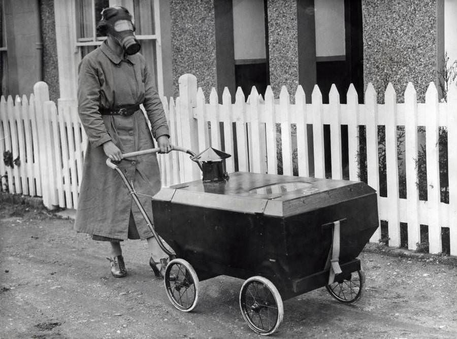 Gas-proof stroller in Hextable, England in 1938.