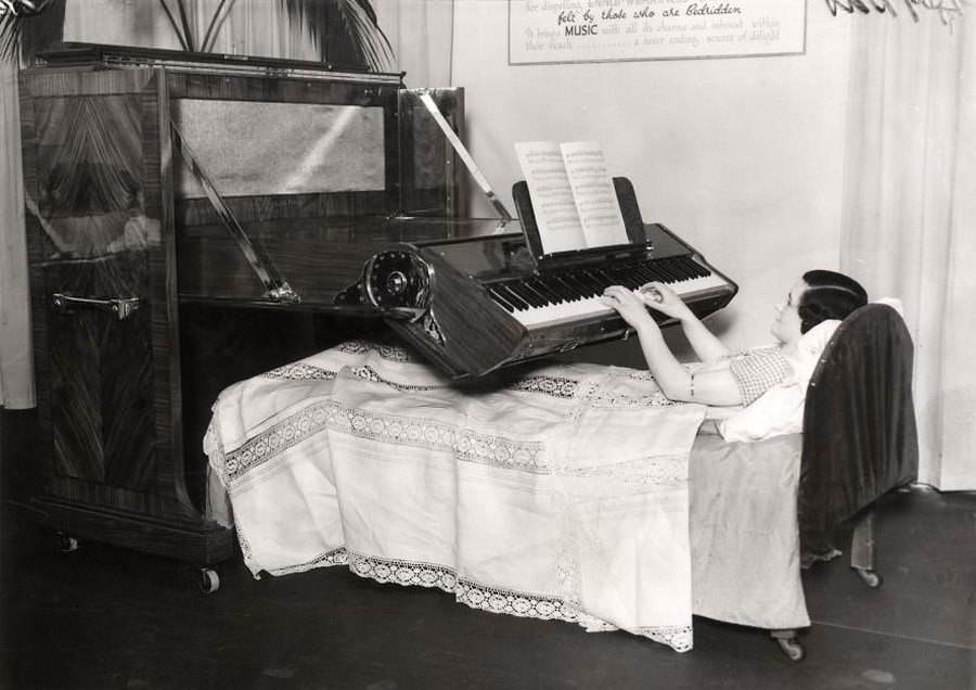 Piano designed for people confined to bed in Britain, in 1935.