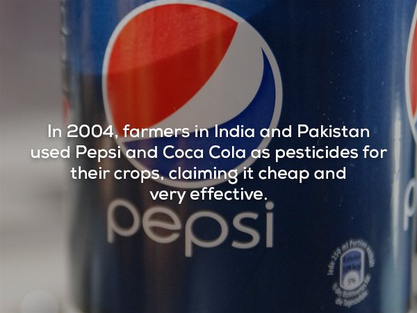 aluminum can - In 2004, farmers in India and Pakistan used Pepsi and Coca Cola as pesticides for their crops, claiming it cheap and very effective. Pepsi