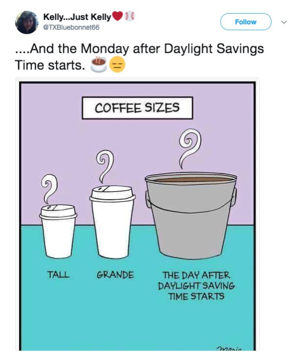 daylight savings humor - Kelly...Just Kelly ....And the Monday after Daylight Savings Time starts. Coffee Sizes Tall Grande The Day After Daylight Saving Time Starts zania