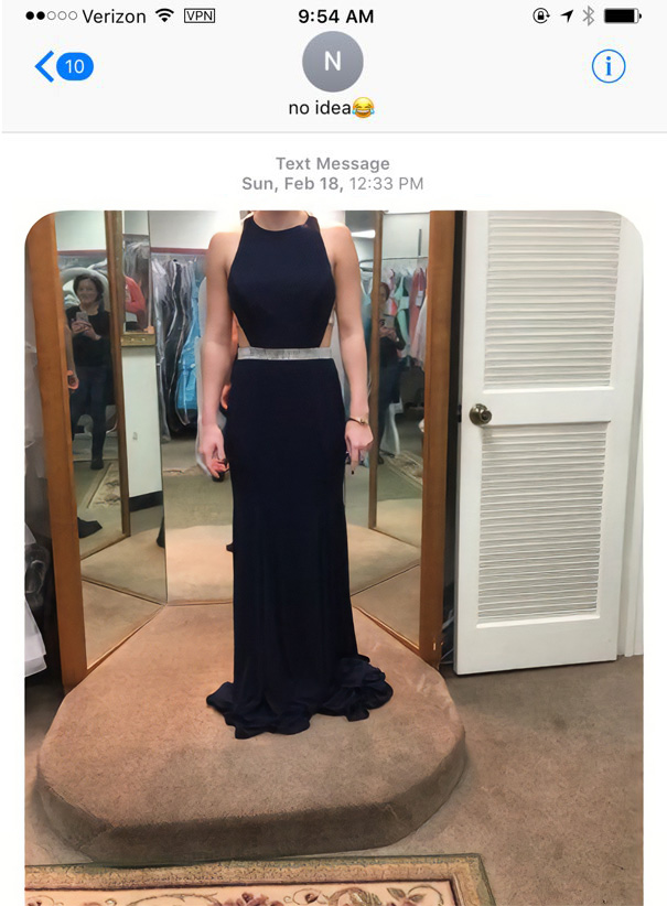 A young woman named Syd was trying on an evening gown and accidentally sent this text to a wrong number