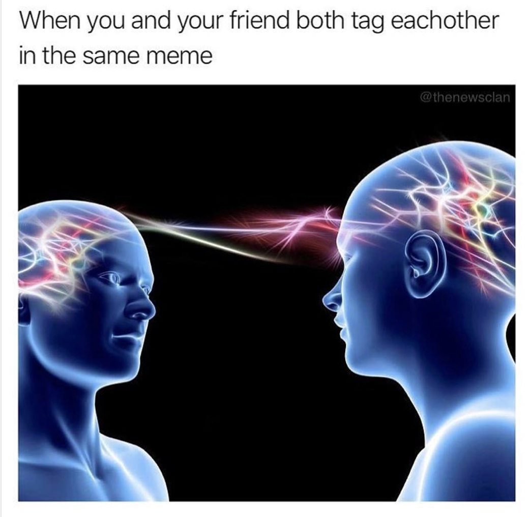 same wavelength meme - When you and your friend both tag eachother in the same meme