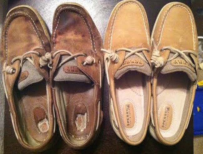Shoes that have been worn every day for 8 years, beside a new identical pair.