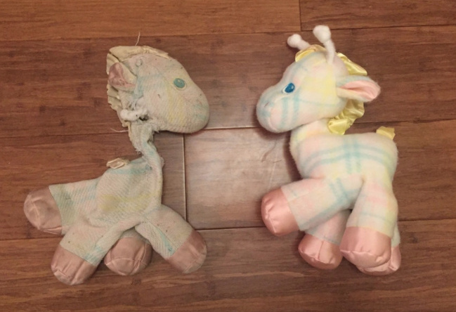 “On the left, is a toy giraffe that I got 29 years ago. On the right, is the identical giraffe that my son has.”