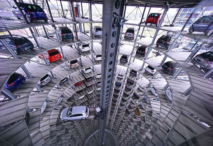 The storage of ready cars at the Volkswagen factory.