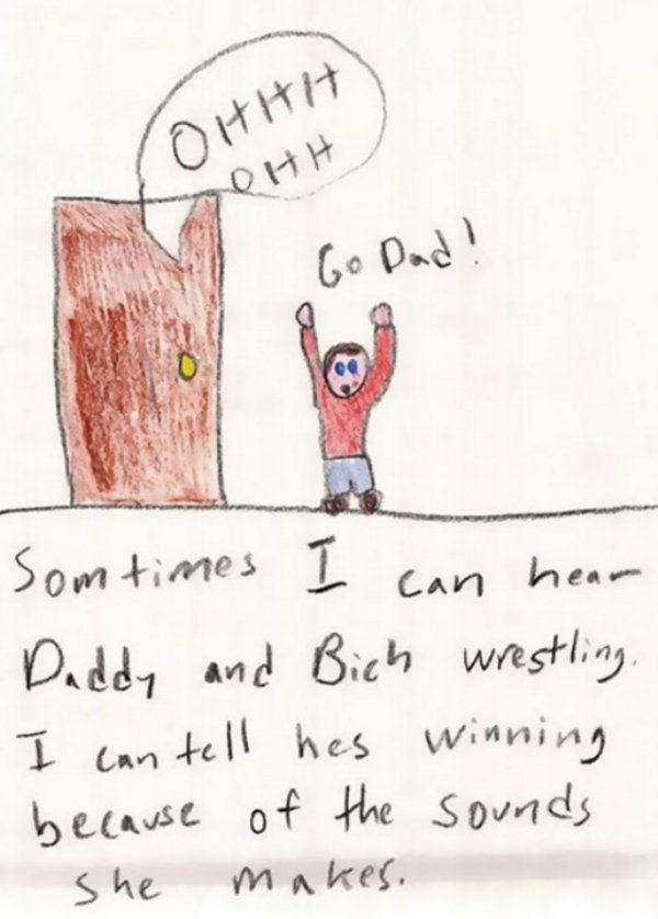 funny kid drawings - Ohhh Ohh Go Dad! Som times I can hear Daddy and Bich wrestling, I can tell hes winning because of the sounds She makes.