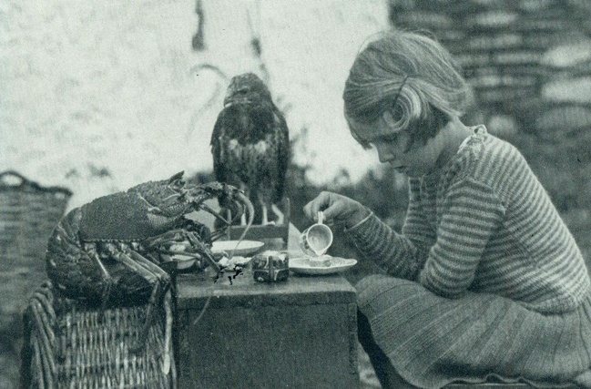 A young Ann Lockley holds a tea party with a baby hawk and spiny lobster on the island of Skokholm off the coast of Wales, 1938.