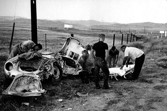 The destroyed Porsche 550 Spyder after the crash that killed James Dean, 1955.