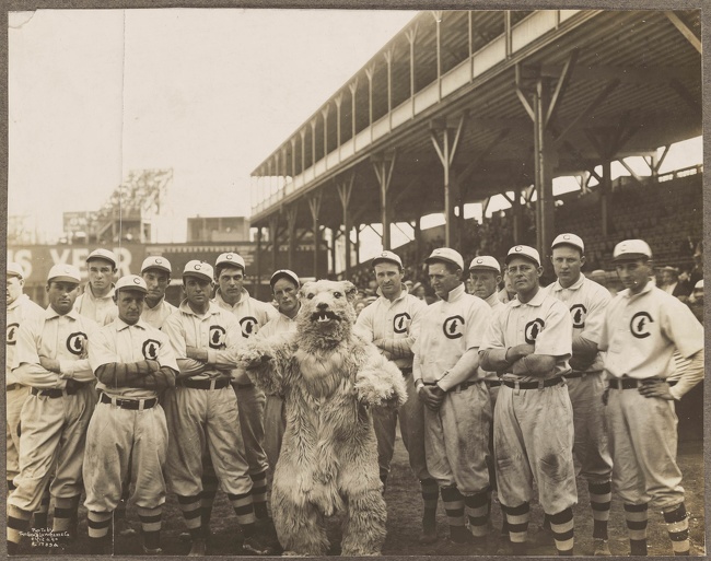 Chicago Cubs team with their new mascot, Chicago, Illinois, 1908.
