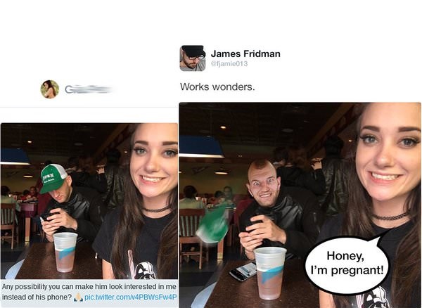 funny photoshop james fridman - James Fridman jamie013 G Works wonders. Honey, I'm pregnant! Any possibility you can make him look interested in me instead of his phone? pic.twitter.com4PBWSFw4P