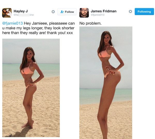 james can you photoshop - Hayley J cha James Fridman ing line No problem. Hey Jamieee, pleasseee can u make my legs longer, they look shorter here than they really are! thank you! Xxx