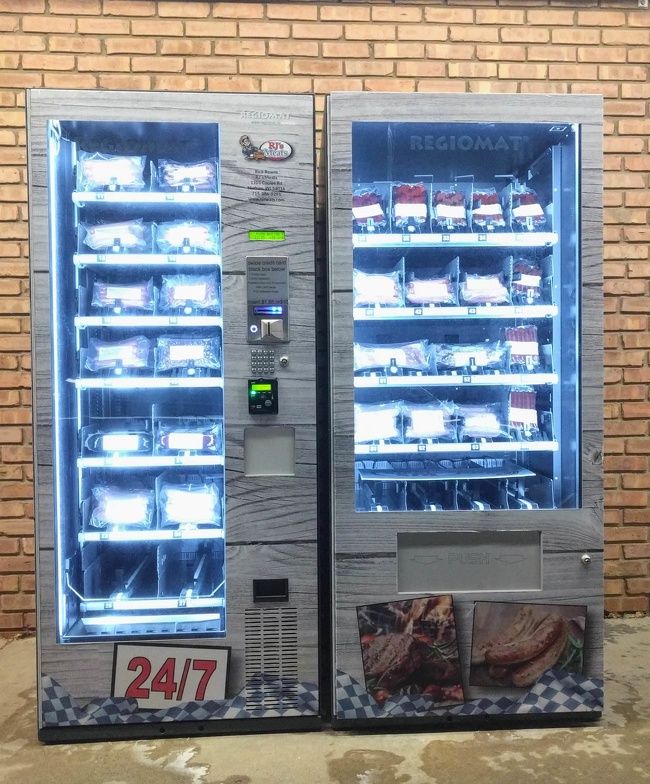 This butcher shop has vending machines filled with fresh meat that you can buy even if the shop is closed.