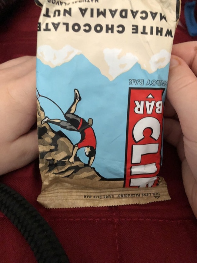 “My six-year-old son pointed out that when you hold a Clif Bar upside down, it looks like ’the last moment of that guy’s life”."