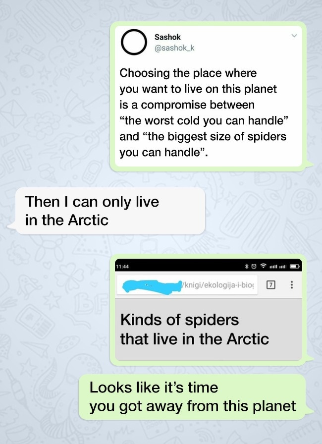 number - Sashok Choosing the place where you want to live on this planet is a compromise between "the worst cold you can handle" and "the biggest size of spiders you can handle". Then I can only live in the Arctic knigiekologijaibio! Kinds of spiders that