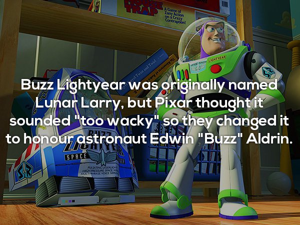 Contrapon Buzz Lightyear was originally named Lunar Larry, but Pixar thought it sounded "too wacky" so they changed it to honour astronaut Edwin "Buzz" Aldrin. Space Ho Pressure Unge
