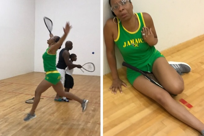 “My mom was playing racquetball and ended up throwing her back out trying to show off.”