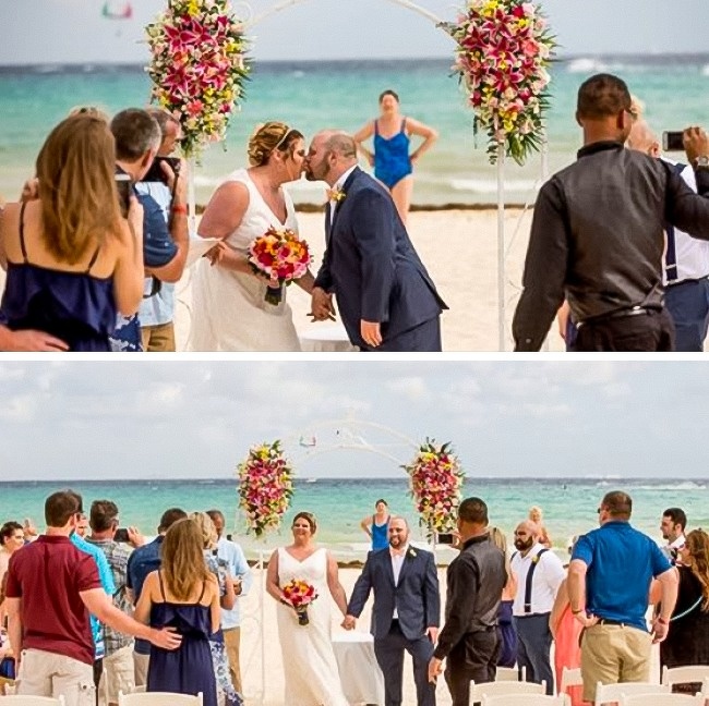 “They put up yellow police tape all around the beach for this wedding, yet somehow this random lady in the blue swim suit still felt the need to stand there and watch the whole thing.”