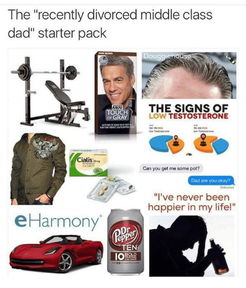 starter pack - middle class starter pack - The "recently divorced middle class dad" starter pack Douggiehouse Touch Of Gray The Signs Of Low Testosterone Cialis Can you get me some pot? Dad are you okay? "I've never been happier in my life!" e Harmony Der
