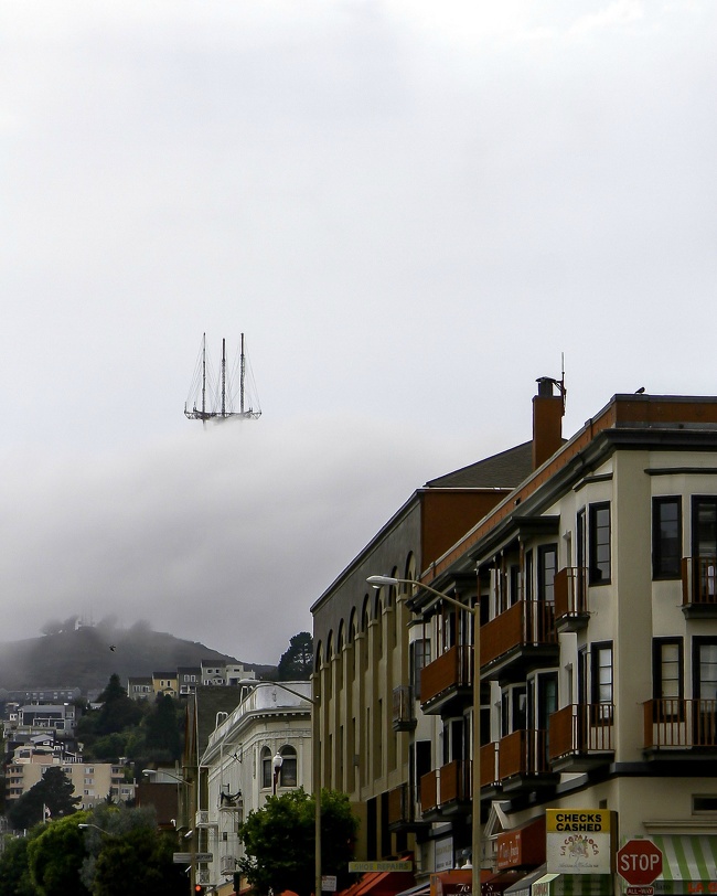 Sutro Tower in San Francisco looking like a floating ship passing by