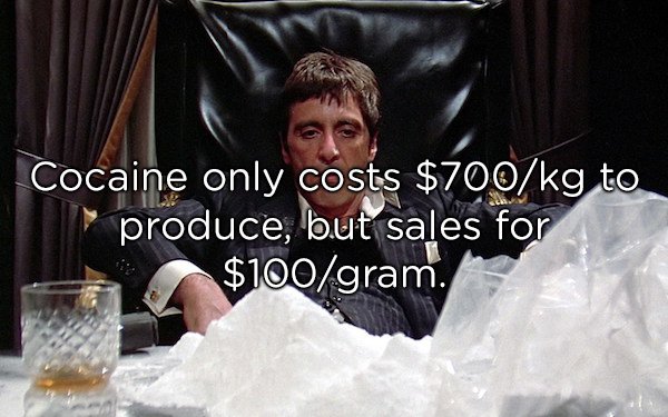 scarface best scenes - Cocaine only costs $700kg to produce, but sales for $100gram.