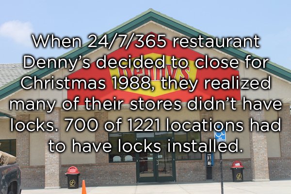 landmark - When 247365 restaurant Denny's decided to close for Christmas 1988, they realized many of their stores didn't have Tocks. 700 of 1221 locations had to have locks installed.