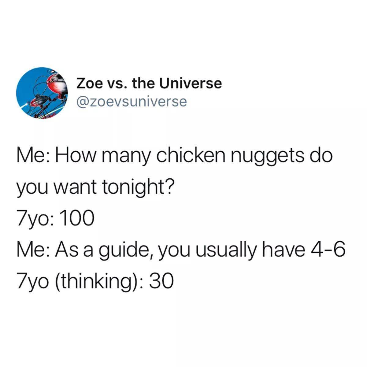 angle - Zoe vs. the Universe Me How many chicken nuggets do you want tonight? Zyo 100 Me As a guide, you usually have 46 7yo thinking 30