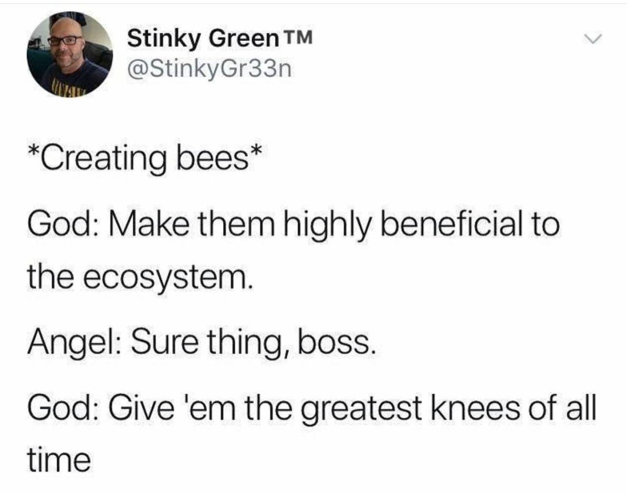 god creating bees - Stinky Green Tm Creating bees God Make them highly beneficial to the ecosystem. Angel Sure thing, boss. God Give 'em the greatest knees of all time