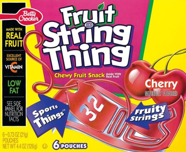 90's discontinued snacks - Betta Crocker Made With en Fruit String Real Fruit Thing Excellent Source Of Vitamin Chewy Fruit Snack medle with Low Fat Cherry Naturally Flavored See Side Panel For Nutrition Facts Sports Things Fruity Strings 60.73 Oz 219 Pou