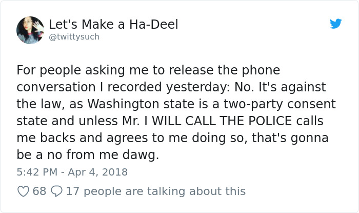 She also refused to share the actual recording as it is illegal in the state of Washington