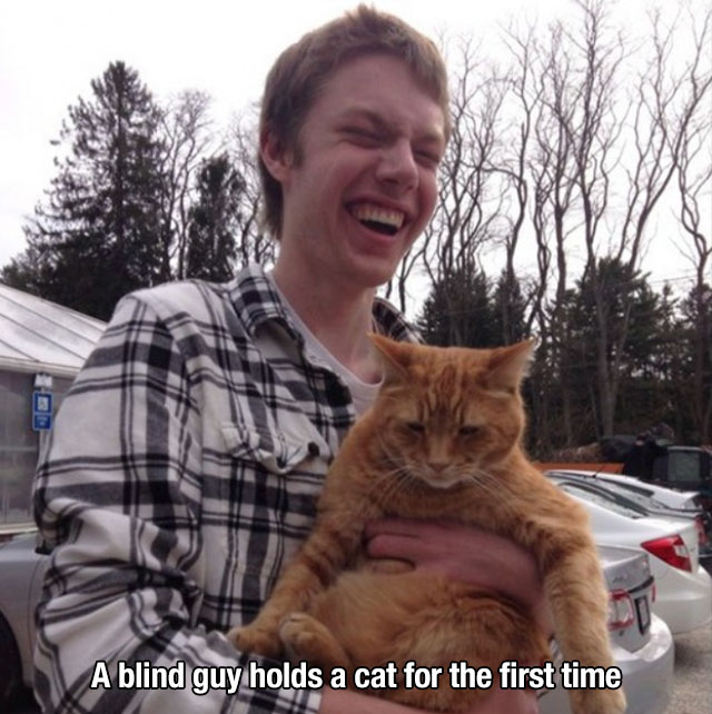 blind person holding cat for the first time - A blind guy holds a cat for the first time