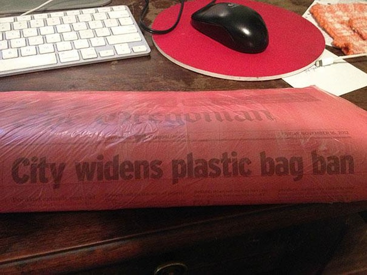 funny irony - City widens plastic bag ban