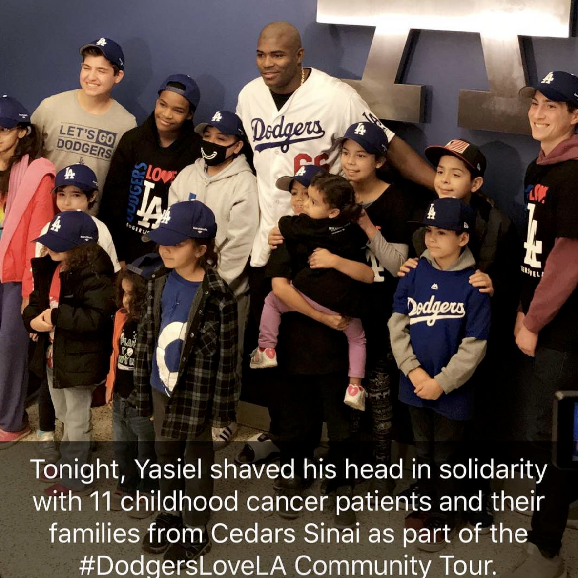 youth - Let'S Go Dodgers Dodgers Dodaers Tonight, Yasiel shaved his head in solidarity with 11 childhood cancer patients and their families from Cedars Sinai as part of the Community Tour.