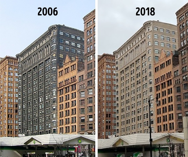 The Old Colony Building, in Chicago. Built in 1893, the building was power washed in 2009 leaving a most noticable difference.