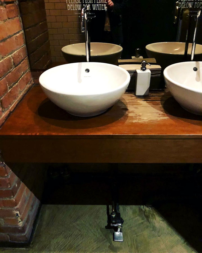 The bathroom at this restaurant has a foot pedal for the tap.