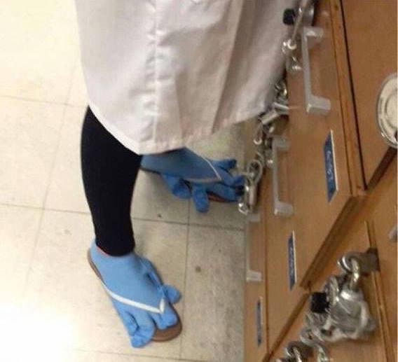 lab flip flops gloves