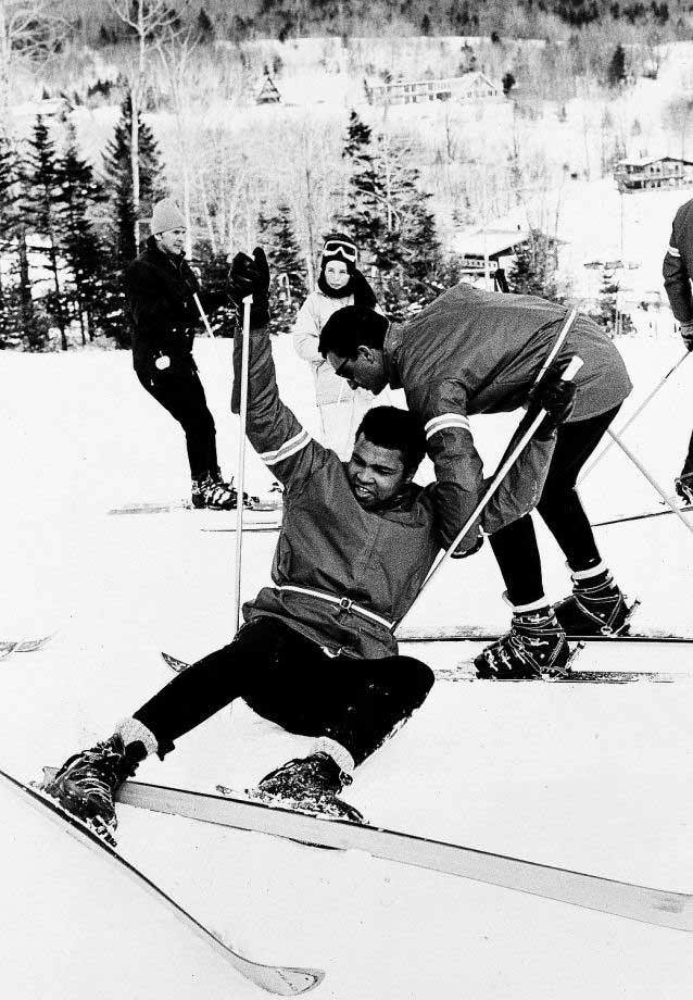 Muhammad Ali skiing (well, sort of) at Mount Snow,Vermont, 1970.