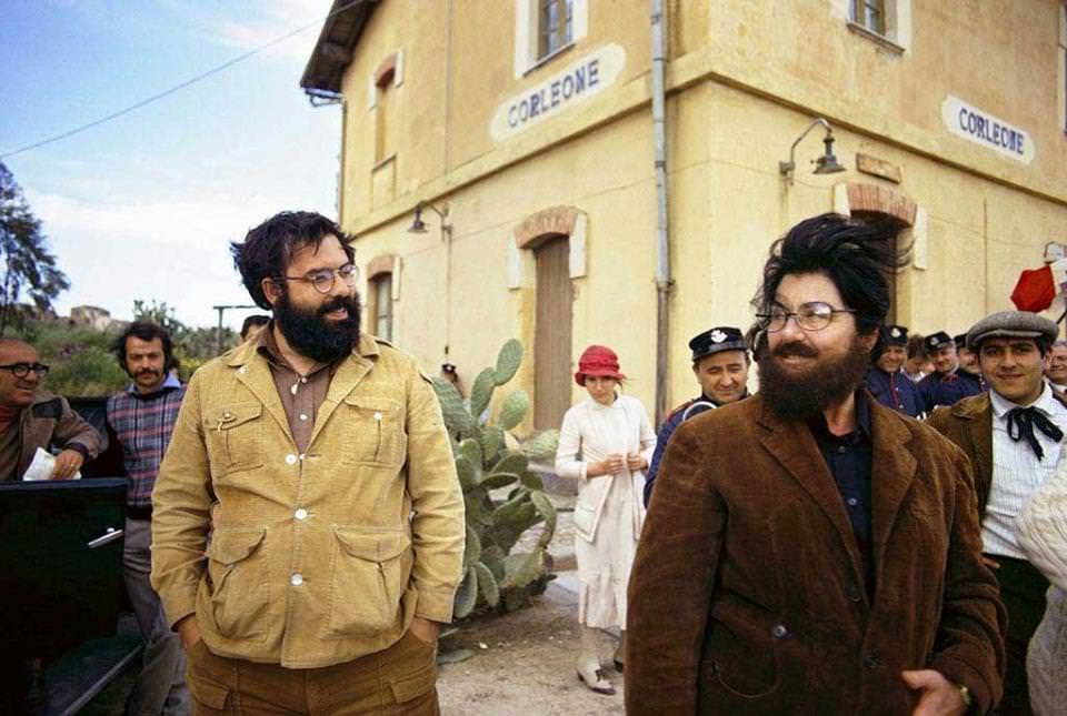 Francis Ford Coppola with his mother Italia Coppola dressed as her son for some reason, on the set of The Godfather III, 1973. All other information about this photo seems to be lost to history, which is pretty great really.
