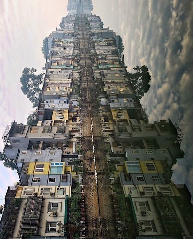 This rotated picture of an embankment looks like a fantastic skyscraper.