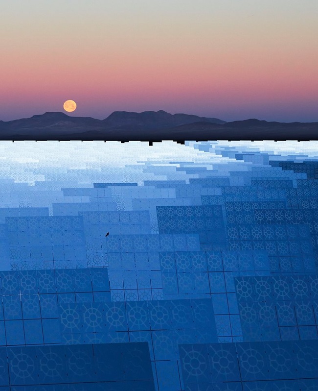 These solar panels look like a pixelated lake.