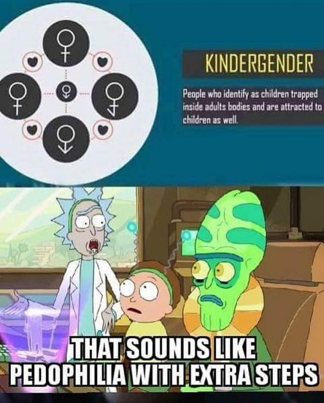 rick and morty memes - Kindergender 40 People who identify as children trapped inside adults bodies and are attracted to children as well. That Sounds Pedophilia With Extra Steps